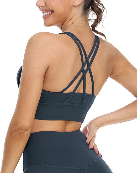 icyzone Sports Bras for Women Medium Impact Padded Strappy Workout Yoga Running Bra Top