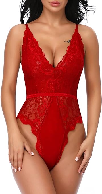 EVELIFE Women Sexy Teddy Lingerie One Piece Lace Babydoll Deep V Neck Bodysuit, Red XXL