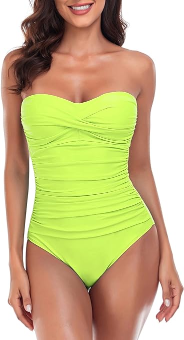RELLECIGA Women's Tummy Control Swimwear Strapless One Piece Swimsuit for Women, Neon Green, Large (R7013-403L)