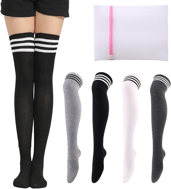 ZYNERY 4 Pairs Stripes Thigh High Socks, Black White Light Grey Dark Grey Knee High Socks, Stretchy Striped Long Socks for Women Girls (Modern, Polyester)