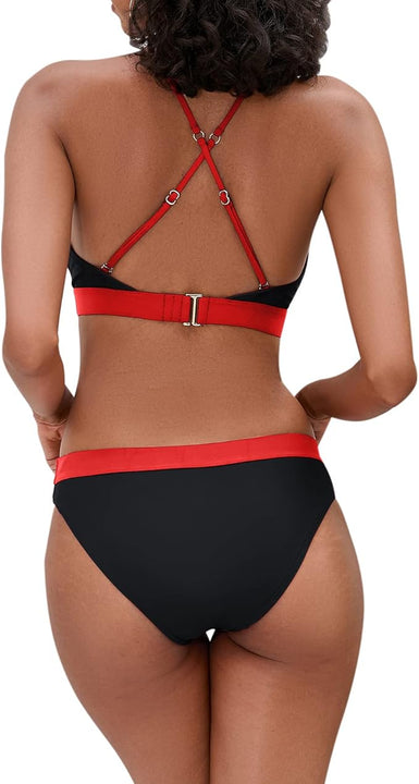iSLASISIA Women’s Bikini Swimsuit Criss Cross Back Triangle Bikini Tie Back Bikini Set Two Piece Swimsuits(Black & Red,UK16)
