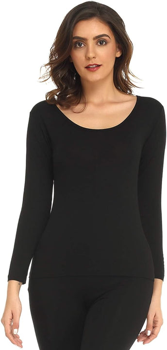 Mcilia Women's Ultrathin Modal Round Neck Long Sleeve Thermal Top/Shirt Black Medium (UK Size 12 14)