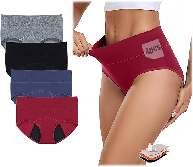 Gonggi 4PCS Period Pants for Women Heavy Flow, Postpartum Underwear High Waisted, Leakproof Plus Size Cotton Postnatal Recovery Briefs for Moms and Womens Soft Absorbent (XXL)