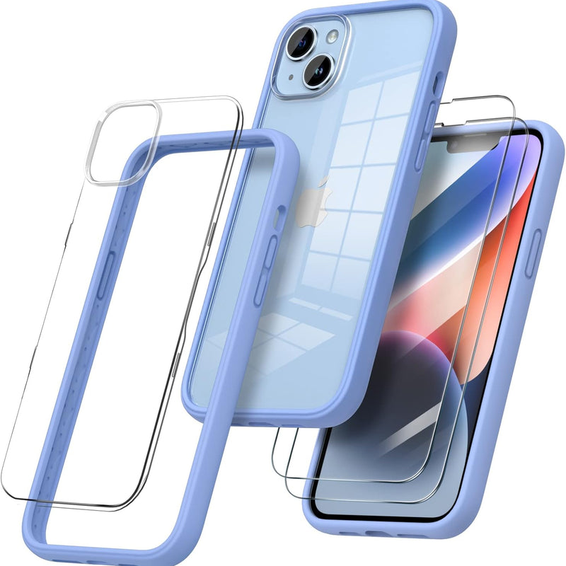 ORNARTO Compatible with iPhone 14 Plus Case 6.7",Bumper Case with 2 x Screen Protector Liquid Silicone Gel Rubber Case Full Body Protection Removable Clear Back Cover for iPhone 14 Plus-Blue