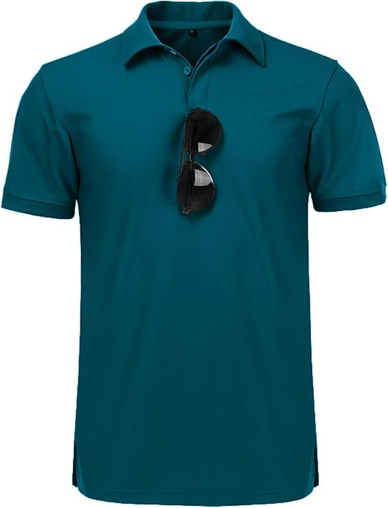 JACKETOWN Men's Polo Shirts Short Sleeve Badminton Breathable Poloshirt Summer Shirt with Spectacle Holder Button Front T Casual Sport Golf Adult(Dark Turquoise-Blue-L), 012-dark Turquoise Blue