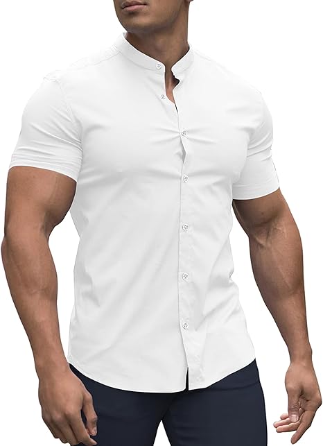URRU Men's Muscle Dress Shirts Slim Fit Stretch Banded Collar Short Sleeve Casual Button Down Shirt White M