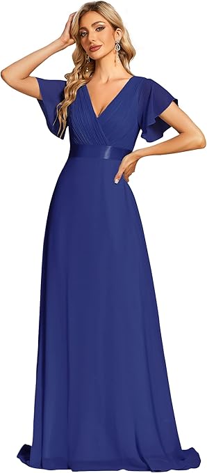 Ever Pretty Glamorous Double V-Neck Ruffles Padded Evening Dress, Sapphire Blue1, 18 UK