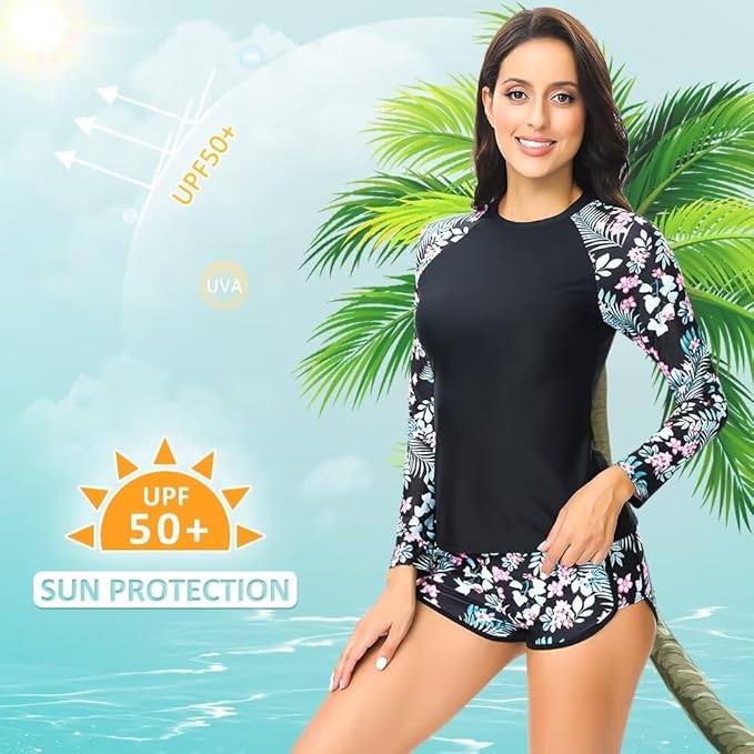 Sillictor Rash Vest Women Swimming Tops UV Womens Swim Shorts and Top Set Ladies 2 Piece Long Sleeve Swimsuits for Women Rash Guard Shirts with Build in Bra for Surfing,Quick Dry 2304 Pink Flower, M