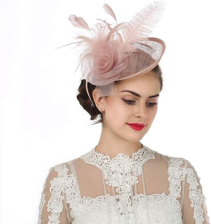 Sinamay Flower Feather Headband Fascinator Wedding Headwear Ladies Race Royal Ascot Pillbox Wedding Cocktail Tea Party Derby Hat for Women (A4-Light Pink)