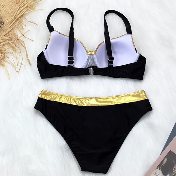 Good Times Bikini Set with Underwire Push Up Two-Piece Swimsuit Swimwear Beach Wear Swimsuit, black-gold, L