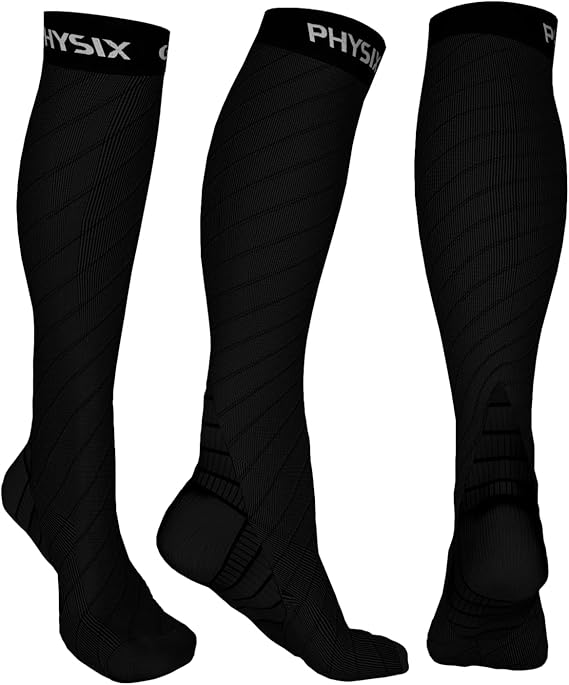 Physix Gear Compression Socks for Men & Women 20-30 mmhg,Best Graduated Athletic Fit for Running Nurses Shin Splints Flight Travel&Maternity Pregnancy - Boost Stamina Circulation & Recovery BLACK LXL