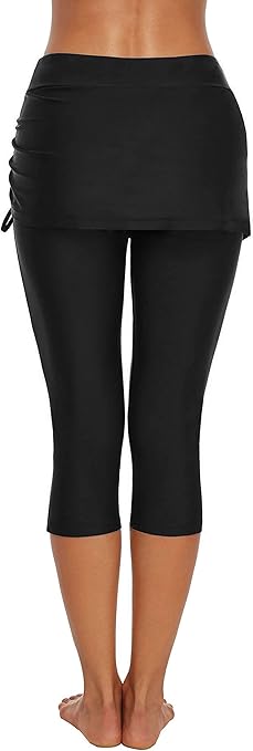 ECUPPER Women's Mid Waist Swimming Capris Shorts Knee Length Swim Leggings Bottom Pants Black XL