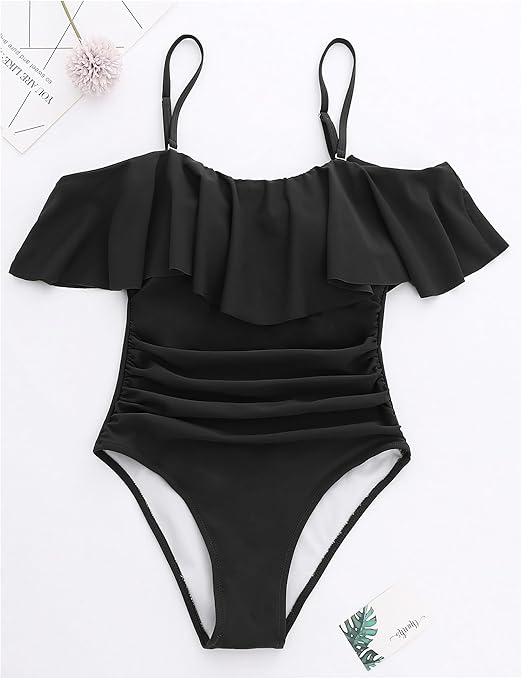 ZINPRETTY Womens Retro One Piece Bathing Suit Tummy Control Off Shoulder Swimsuits Flounce Ruffled Monokini, Black Swimsuit, X-Large