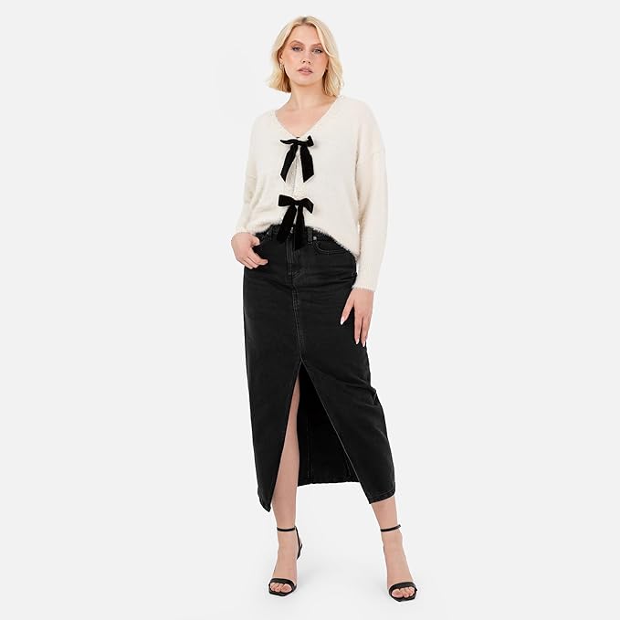 Lovedrobe Women's Cardigan Ladies Long Sleeve Pearl Embellished Velvet Bow Knitwear Smart Casual Office Wear Popper Buttons, Cream 12-14