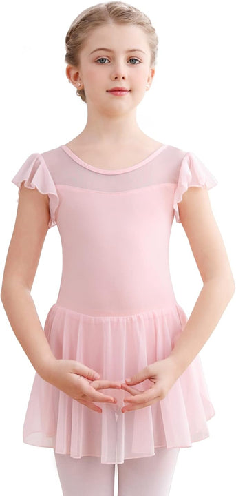 Aiseyi Ballet Dress for Girls Short Ruffled Sleeve Ballet Leotard Kids Cotton Ballet Outfit Dance Leotards with Mesh Skirt 3-4 Years Pink