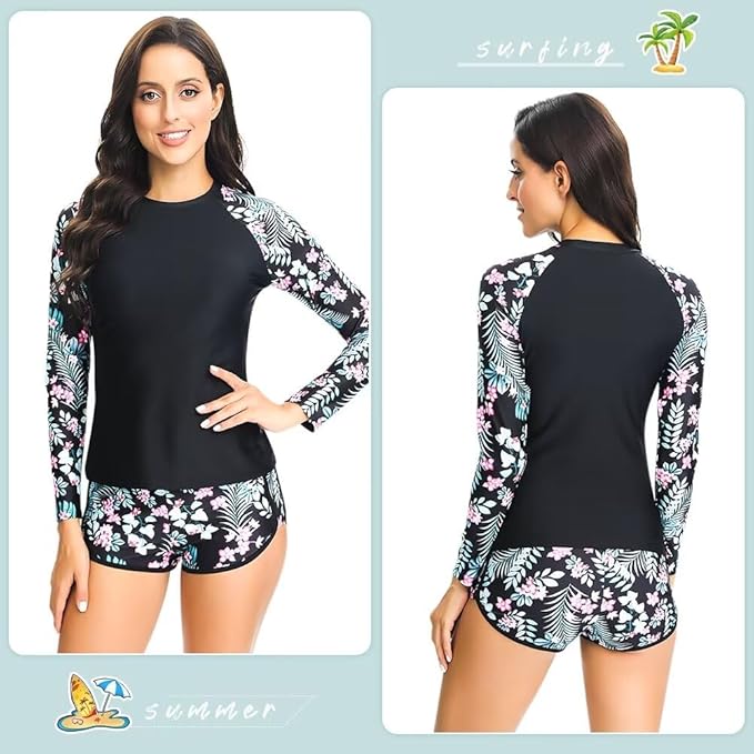 Sillictor Rash Vest Women Swimming Tops UV Womens Swim Shorts and Top Set Ladies 2 Piece Long Sleeve Swimsuits for Women Rash Guard Shirts with Build in Bra for Surfing,Quick Dry 2304 Pink Flower, M