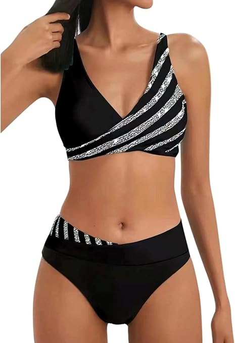 Zueauns Women's Bikinis High Waisted Bikini Set Criss Cross Push Up Bikini Top V Neck Padded Two Pieces Bathing Suits Swimsuits Tummy Control Swimwear Ladies Sports Swimming Costumes Black, 3XL