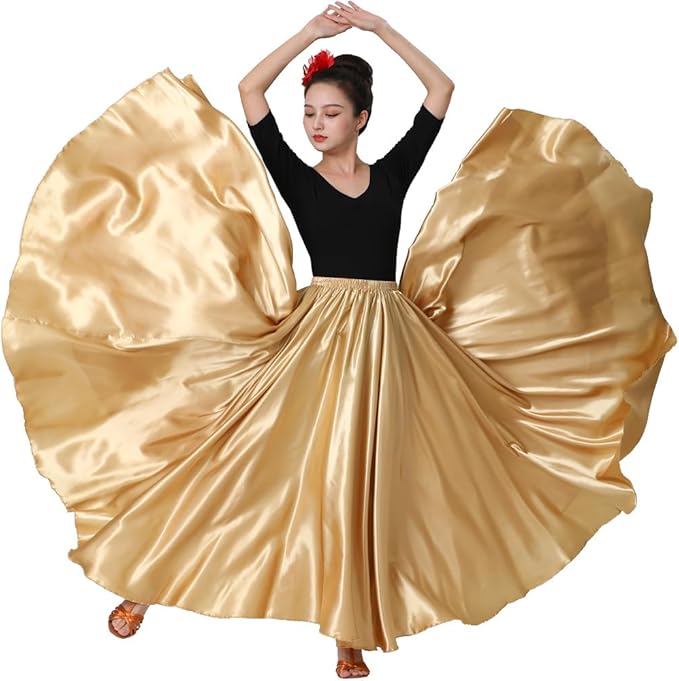 SANCAN Womens Full Ankle Length Retro Long Maxi Skirt for Dance Gypsy Costume Party Cosplay Renaissance Festival Faire, Gold, One Size