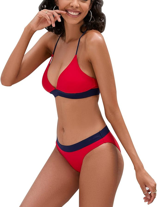 iSLASISIA Women’s Bikini Swimsuit Criss Cross Back Triangle Bikini Tie Back Bikini Set Two Piece Swimsuits (Red & Blue,UK8)