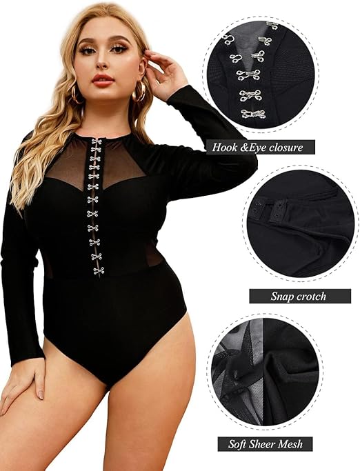 comeondear Women Lingerie Mesh Lace Long Sleeve Leotard Bodysuit Jumpsuit Clubwear Tops, Black 3, UK10-12(X-Large)
