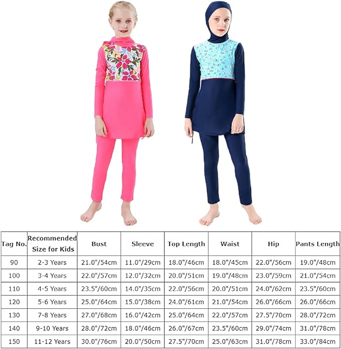 Girls' Modest Muslim Swimwear UPF 50+ UV Islamic Hijab Swimsuit Long Sleeve Top Shirt with Shorts Swimming Cap 3-Piece Swimsuit Beach Wear, rose, 11-12 Years