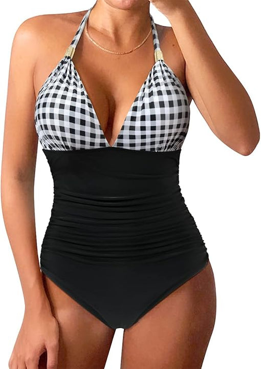 RXRXCOCO Halter Neck Tummy Control Swimsuit Women One-Piece Ruched Non Padded Swimming Costume