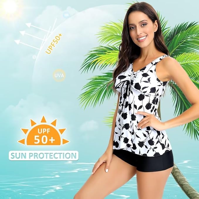 Sillictor Tankini for Women with Shorts Womens Swim Shorts and Top 2 Piece Ladies Swimsuits Boyleg Bikini Swimwear Swimming Costume Set for Bathing,Surfing,Breathable Quick Dry 2210, White Black Rose, L