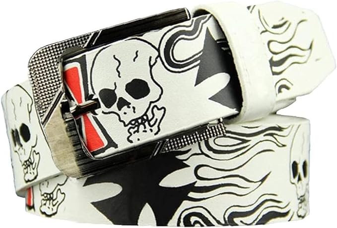 AIBEARTY Punk Skull Skeleton Pattern Pin Buckle Belt Gothic Casual Pu Leather Waistband for Women Men, White, One Size