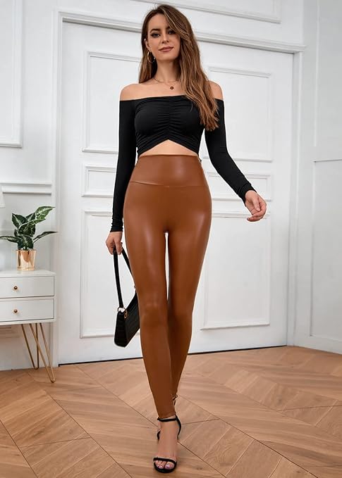 Everbellus Sexy Womens Faux Leather High Waisted Leggings, Brown, Large