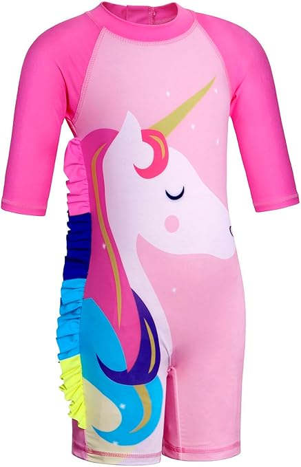 KumSoomliy Girls Swimming Costume One Piece Swimsuit Unicorn Swimwear Zipper Bathing Suit Surfing Swimming UV Protection Children Kids Rush Guard Summer Holiday Beachwear Swimsuits 3-4 Y, Size 3,Pink