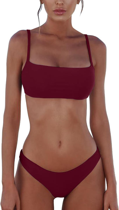 meioro Bikini Set Swimsuits for Women Low Waist Thong Swimwear Bathing Suits No Rims Swimming Costume (L,Purple)