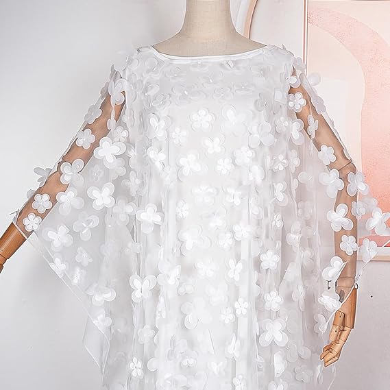 HD African Women Applique Flower Dress Boat Neck Chiffon Kaftan Dress One Size, White, One Size