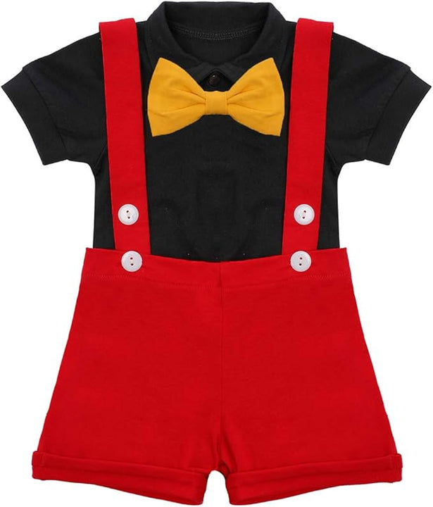 Gentleman First Birthday Cake Smash Photo Prop Mickey Outfits for Baby Boys Romper+Bow Tie+Suspenders Overalls Bib Pants Shorts Mouse Ears Christmas Clothing Set Red+Balck-Buttons 18-24 Months
