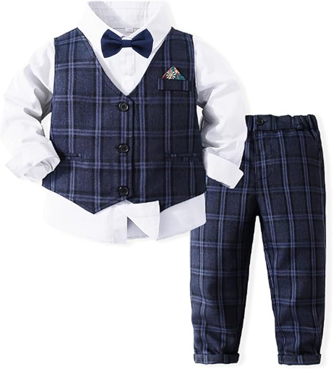 Volunboy Baby Boys Gentleman Suit, Toddler Formal Waistcoat Outfit Wedding Shirts + Vest +Bow Tie 4 PCS Set(2-3 Years,Navy Blue,Tag Size 100)