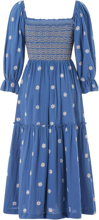 Yoisdtxc Women 's Smocked Square Neck A Line Flowy Maxi Long Dress Flower Print Half Sleeves Backless Embroidery Loose Swing Dress (Dark Blue, M)