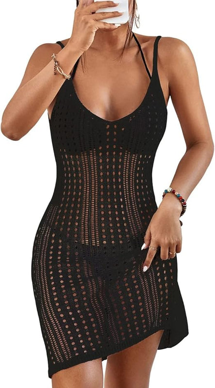 Bsubseach Women Swimsuits Cover Ups Crochet Bathing Suit Bikini Coverup Sleeveless Beach Dress Swimwear, Black, Medium