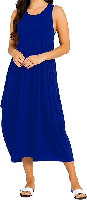 Re Tech UK - Womens Sleeveless Baggy Loose Racer Dress - Lagenlook Tulip Round Neck - Maxi Dresses for Women UK, Ladies Summer Dresses, Beach Holiday Clothes, Plus Size Dress for Women Blue 24-26