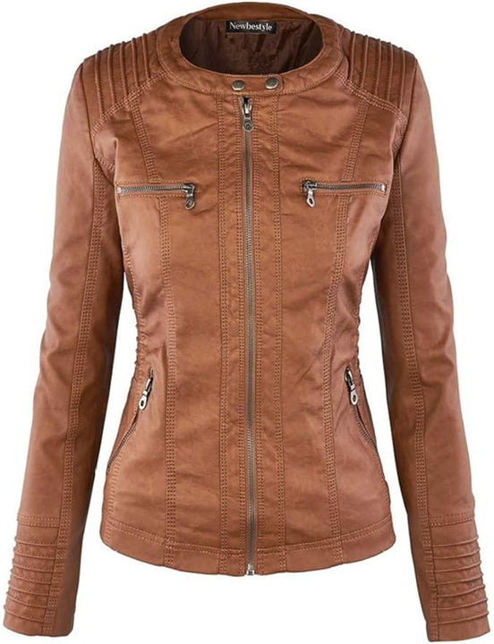 Newbestyle Faux Leather Jacket for Women Hooded Moto Biker Jacket Full-zip Long Sleeve Outwear Tops Brown XL