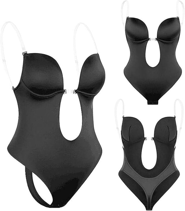 GWAWG Shapewear Bodysuit Women, Women's Deep V-Neck Clear Strap Body Bra for Parties, Dresses, Weddings (Black, XL)