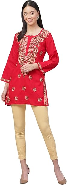 Ada Indian Hand Embroidered Ethnic Chikankari Women's Cotton Top Tunic Shirt Blouse A250381, red, XL