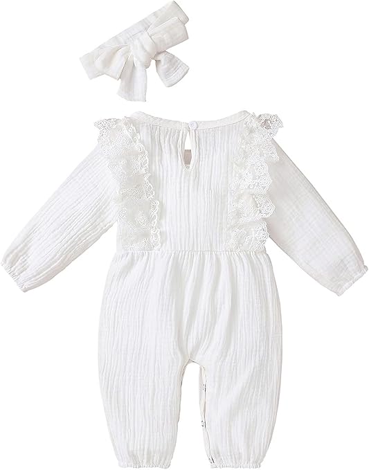 Edjude Romper for Newborn Baby Girl Clothes Ruffle Long Sleeve Floral Jumpsuit Bodysuit Baby Girls Onesies with Headband Size 6-9 Months, White