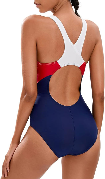 Veranobreeze Women's Sports One Piece Swimsuit Racerback Black Sports Swimwear for Women (Siren Red/Dark Blue/White, UK12)