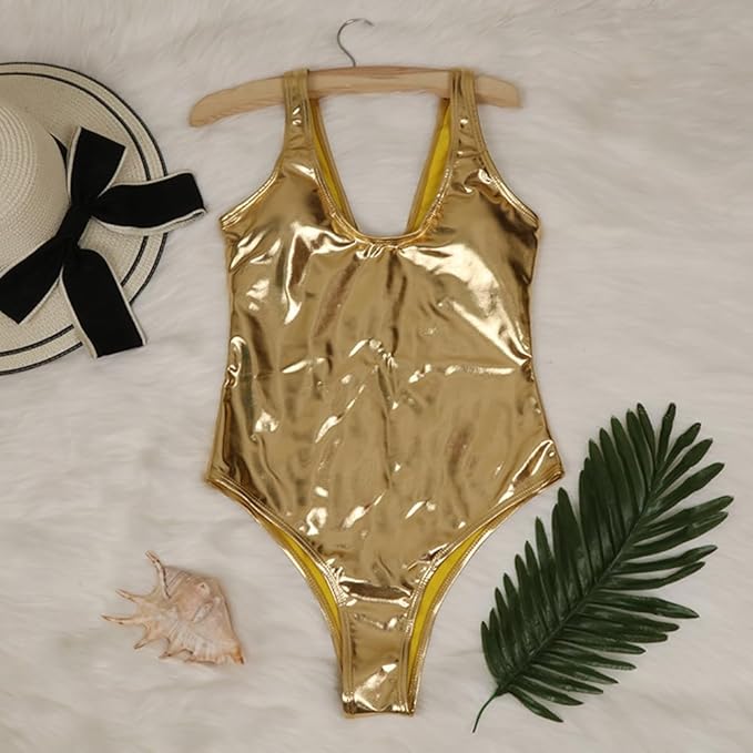 IDOPIP Rave Outfit Women's Festival Metallic Shiny Backless Full Body Swimsuit 80/90s Holographic Gymnastics Swimsuit V-Neck Bodysuit One-Piece Swimwear Bikini Swimwear, golden, M