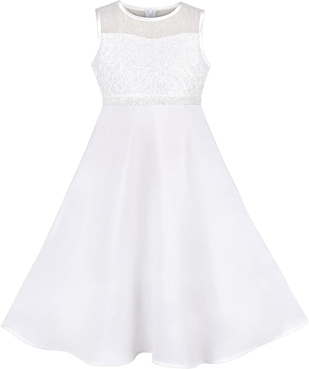 Sunny Fashion Girls Dress Formal White Chiffon Lace Sequin Baptism Wedding Bridesmaid Age 8 Years, White