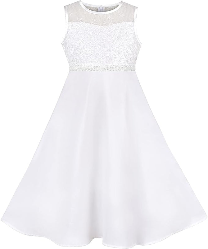 Sunny Fashion Girls Dress Formal White Chiffon Lace Sequin Baptism Wedding Bridesmaid Age 8 Years, White