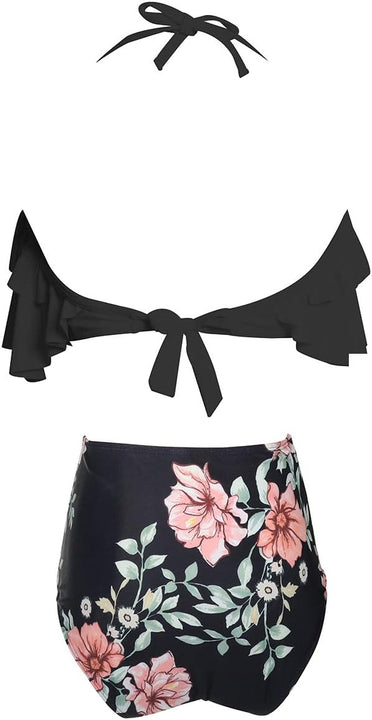 TEERFU Womens Swimwear High Waisted Padded Halter Beach Bathing Suits Bikini Set, Black, XL (18-20)