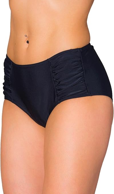 Aquarti Women's Mid Rise Bikini Bottoms with Side Shirring, Black, 10