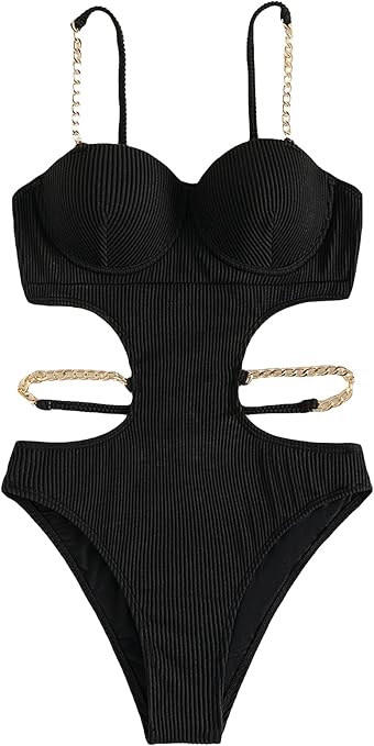 GORGLITTER Women's Cut Out Chain Strap One Piece Swimsuit High Cut Push up Bathing Suits Sexy Swimwear Black M