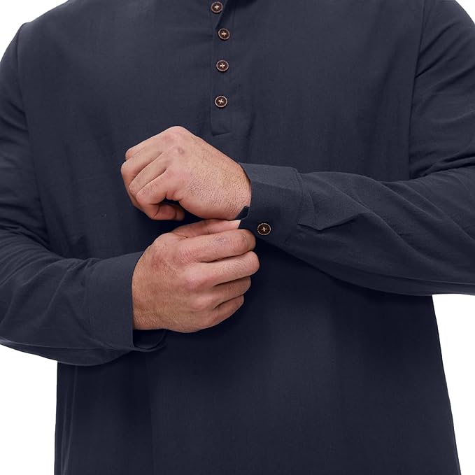 YAOHUOLE Mens Kaftan Robe Abaya Caftan Long Sleeve Moroccan Thobe Causal Butto Down Long Gown Henly Neck Dark Blue L