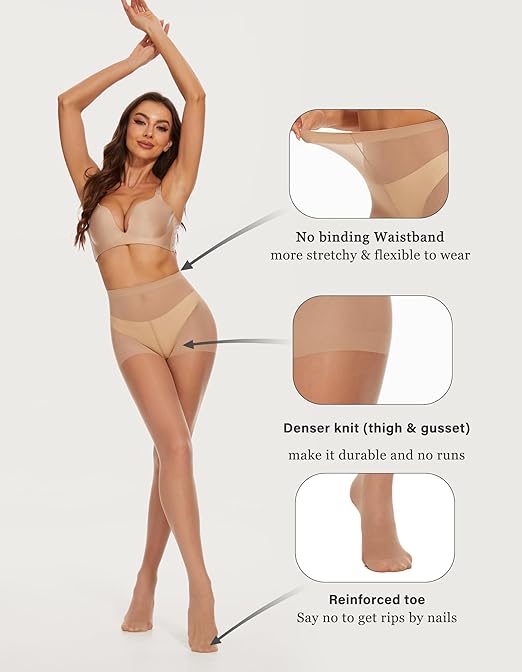 CozyWow 20 Denier Sheer Tights for Women,High Waist Control Top Silk Stockings,Comfortable Women's Pantyhose with Reinforced Toes 2Beige-L